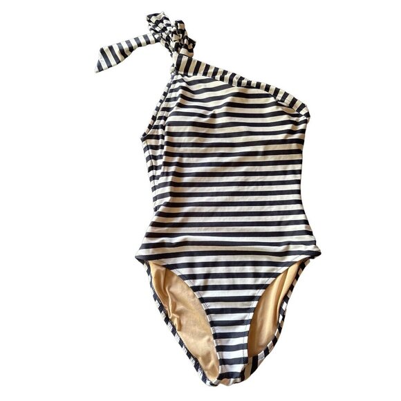 J. Crew Navy White Striped One Shoulder One Piece Swimsuit Size 2 - Picture 1 of 7